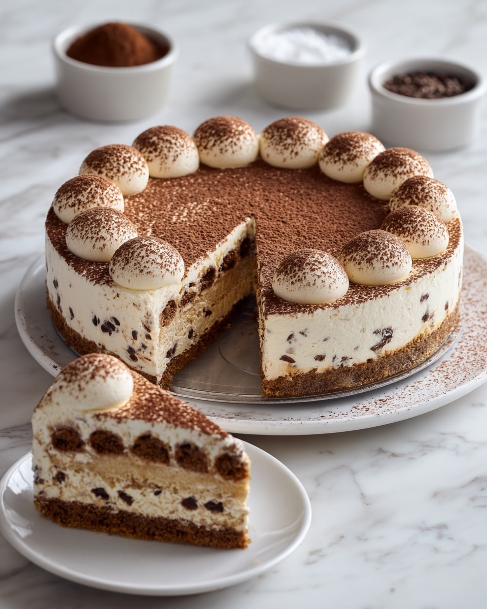The image shows a round, layered dessert with a smooth and thick light brown middle layer and a darker brown bottom base. The top layer is decorated with two rows of evenly spaced round dollops of cream, dusted with a fine cocoa powder, arranged close to the edge, leaving an empty circle space in the center covered with cocoa powder. The dessert is placed on a silver plate on a white marbled surface. In the second picture, a woman's hand is lifting a triangular slice, showing the inside layers: a dark brown base, a creamy light middle layer with bits, and the whipped cream dollops on top dusted with cocoa powder. Photo taken with an iphone --ar 4:5 --v 7