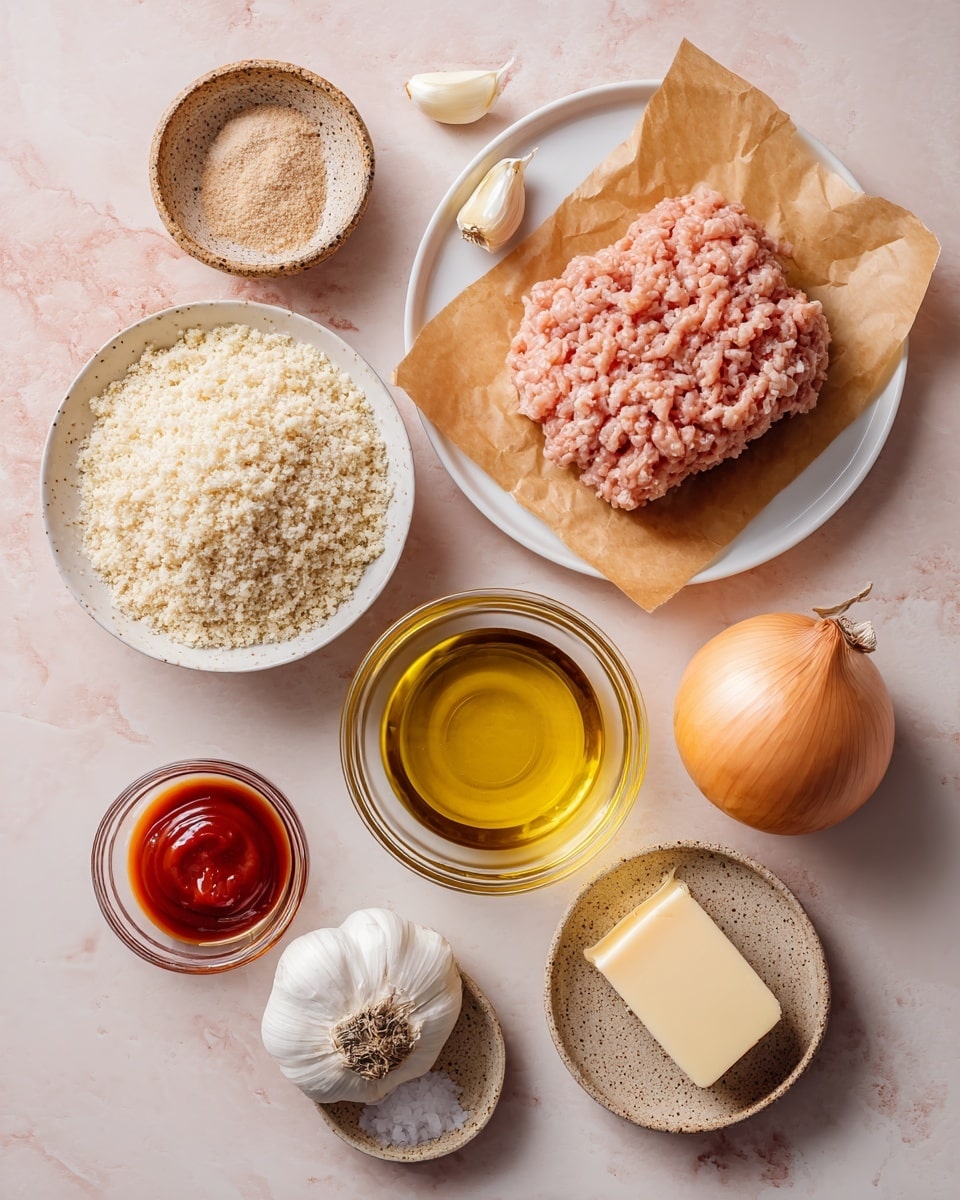 The image shows several ingredients arranged on a white marbled surface. There is a large piece of raw ground turkey on brown parchment paper placed on a white plate in the upper right area. Three garlic cloves are near the turkey at the top center. To the left, a small brown speckled bowl holds light beige garlic powder and onion powder. Below that, a clear glass bowl is filled with golden olive oil. A white bowl full of pale, coarse panko breadcrumbs is placed near the center left. Below, a small white bowl contains amber honey, and next to it on the left is a small clear bowl with red sriracha sauce. Near the lower left corner, a tiny brown speckled bowl has white salt. Finally, at the bottom right, a small brown speckled plate holds a rectangular piece of light yellow butter next to a whole yellow onion with dry outer skin. All the items sit on a soft pink textured surface under bright natural light, and the overall layout is neat and clear. photo taken with an iphone --ar 4:5 --v 7