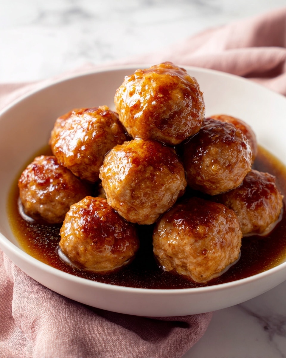 The image shows a white bowl filled with around ten round meatballs, stacked in two visible layers. Each meatball has a golden-brown color with a shiny, glazed surface that reflects light, creating a wet, glossy look. They are sitting in a dark brown sauce that pools at the bottom of the bowl, giving a rich contrast to the meatballs. The bowl rests on a white marbled surface with a soft pink cloth partially visible in the background. Photo taken with an iphone --ar 4:5 --v 7