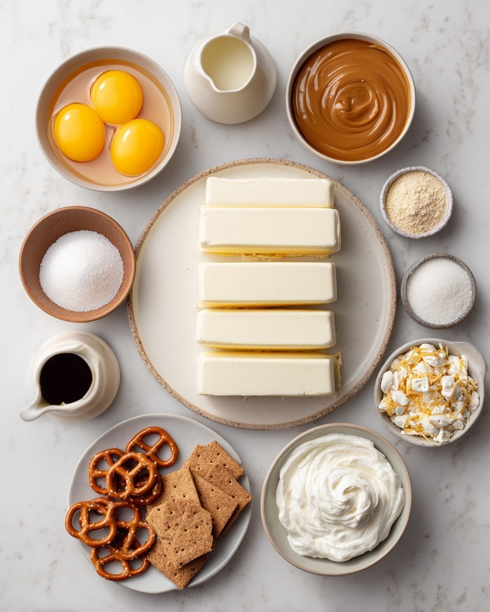 A top-down view of various dessert ingredients neatly arranged on a white marbled surface, including five stacked rectangular white cream cheese blocks with a smooth texture positioned in the center on a round white plate, surrounded by a bowl of yellow egg yolks, a plate of small brown pretzels, a round bowl of light brown caramel sauce on a white plate, several light brown rectangular graham crackers partly broken on a white plate, a bowl of white granulated sugar, a bowl of white thick sour cream, a small bowl of white powder, a small bowl with dark brown vanilla extract, and a small white pitcher with a beige liquid, all visually separated with clear details and colors photo taken with an iphone --ar 4:5 --v 7