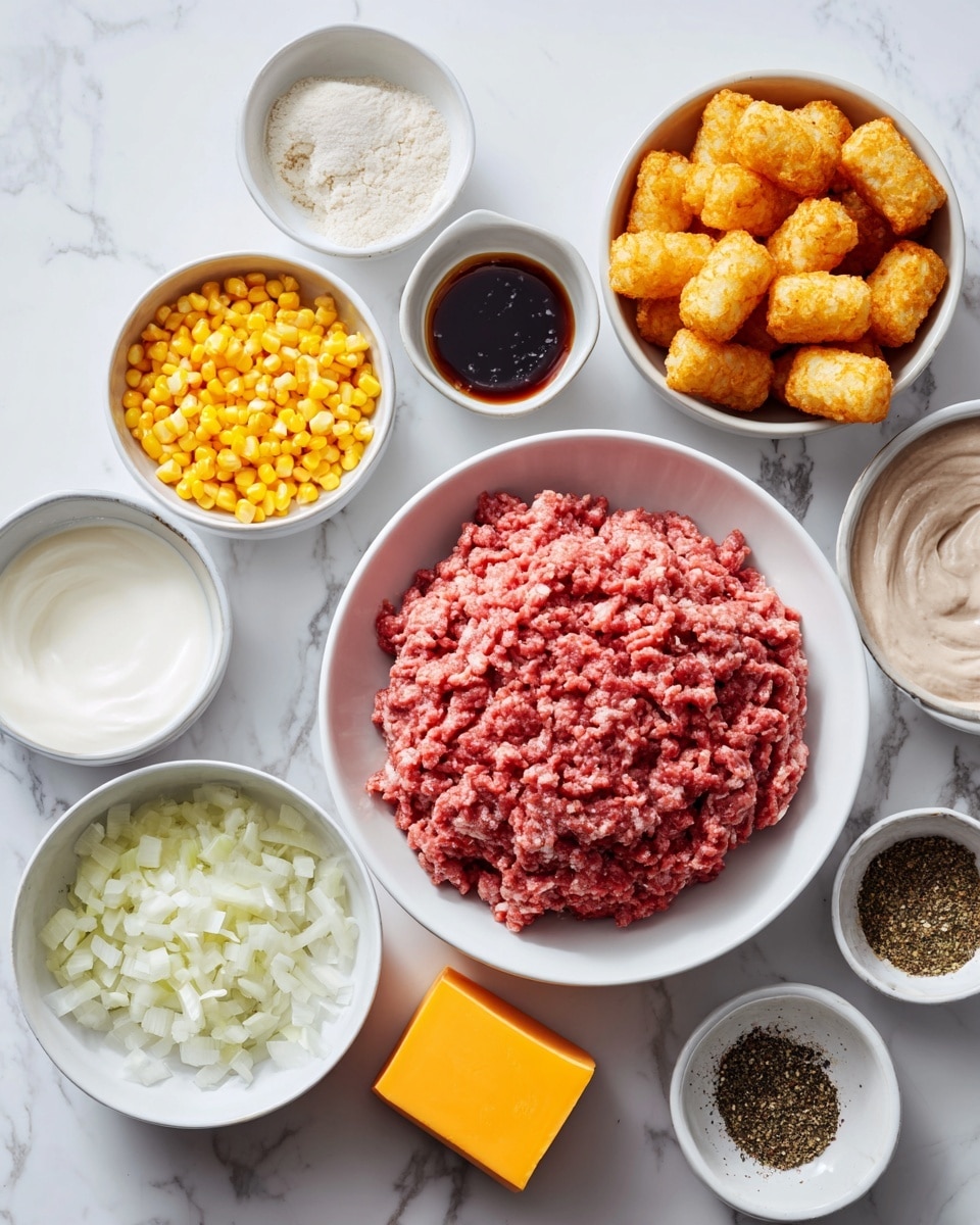 A white bowl in the center holds a large portion of pink lean ground beef with a soft, uneven texture. Surrounding it are several small white bowls arranged in a circle, each containing different ingredients: bright yellow corn kernels, finely chopped white onion pieces, light beige cream of mushroom soup with a smooth, creamy texture, thick white sour cream, and white milk with a slightly glossy surface. A smaller white bowl holds dark Worcestershire sauce with a shiny surface, next to it is a white bowl with seasonings made up of mixed black, green, and beige specks. A vivid orange block of cheddar cheese sits on the white marbled surface near cruncy golden-brown tater tots piled loosely beside it. The entire setup sits on a white marbled surface that adds subtle texture in the background, photo taken with an iphone --ar 4:5 --v 7