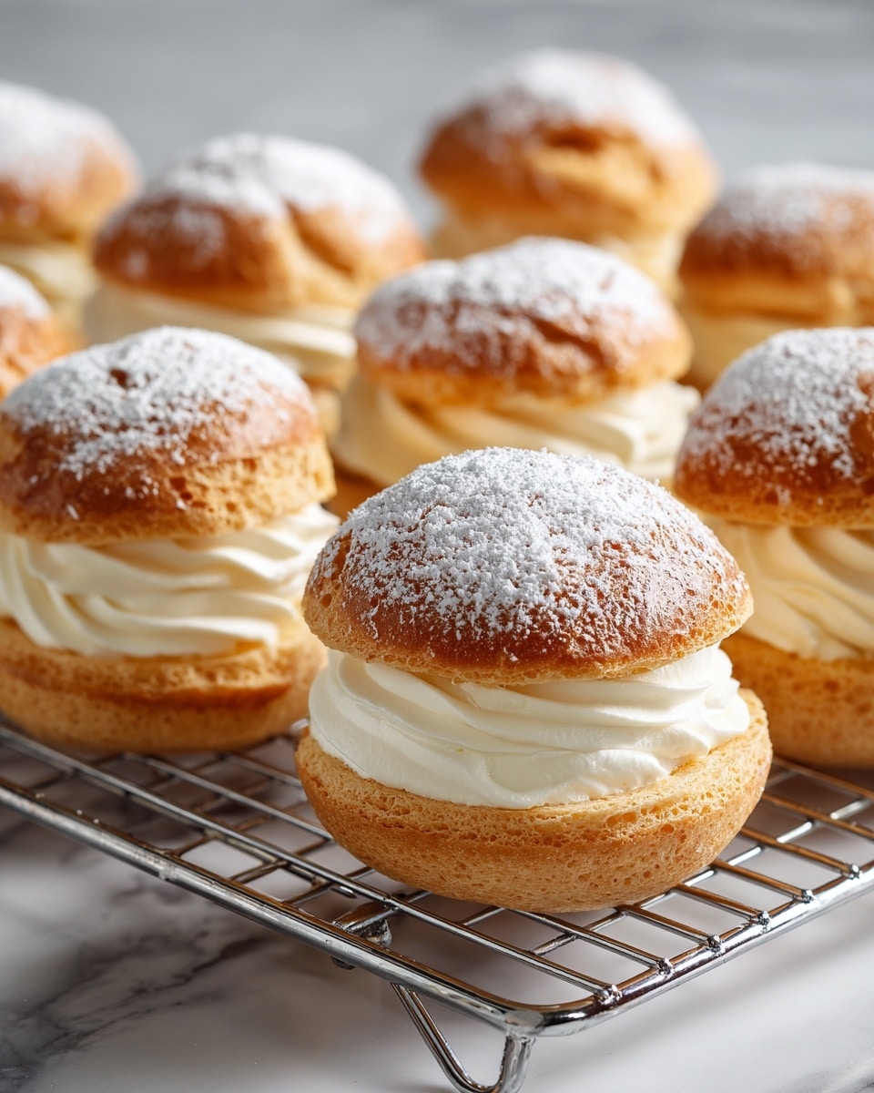 A cooling rack filled with round cream puffs, each having two golden brown layers with a thick white cream filling in the middle. The top layers are dusted heavily with white powdered sugar, creating a soft white coating that contrasts with the light golden pastry beneath. The rack is placed on a white marbled surface, adding brightness and texture to the background. photo taken with an iphone --ar 4:5 --v 7