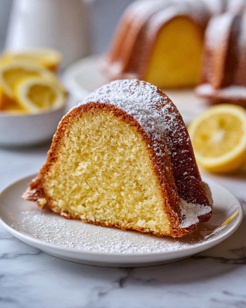 A single slice of lemon bundt cake is shown on a white plate, revealing one thick layer with a light yellow, moist and fluffy texture inside. The outer crust is medium brown and slightly rough. A dusting of powdered sugar covers the curved top. Thin lemon slices are placed in the background on a white marbled surface. The photo is taken close-up with soft lighting. photo taken with an iphone --ar 4:5 --v 7