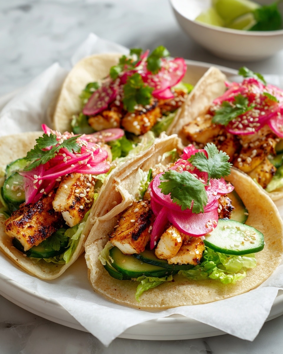 Three tacos are placed on white paper inside a white plate with a white marbled surface visible underneath. Each taco contains three main layers: a light brown folded tortilla on the outside, green lettuce and sliced cucumber on the bottom inside, topped with grilled light golden-brown chicken pieces. On top of the chicken, there are bright pink pickled onion rings and white sesame seeds scattered over them. Small bright green cilantro leaves are also added on top, giving a fresh touch. The image is close-up with a soft background showing part of a white bowl on the side. Photo taken with an iphone --ar 4:5 --v 7