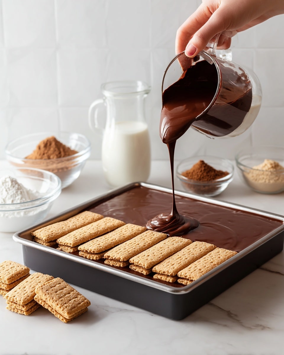 The image shows a rectangular pan with a dark chocolate layer being poured into it in the right side and six square golden biscuit pieces being placed carefully on top of the chocolate layer in the left side by a woman's hand. The biscuits are arranged closely side by side, creating one solid layer. In the background, there are clear glass and white bowls with white and brown powders and a transparent jug of milk on a smooth light wooden surface, all set against a white marbled texture. The chocolate layer looks smooth and glossy and covers the whole bottom of the pan. photo taken with an iphone --ar 4:5 --v 7