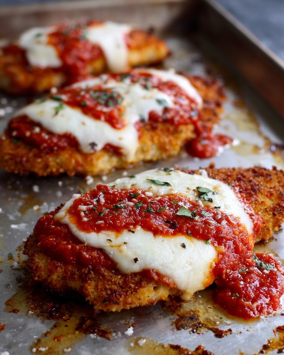 The image shows a close-up of three pieces of breaded chicken layered with bright red tomato sauce and melted white cheese on top. Each piece is oval-shaped with a golden, crispy crust at the bottom. The tomato sauce has a slightly chunky texture, covering the chicken evenly. The melted cheese is gooey and smooth, spreading irregularly over the sauce. The chicken pieces are placed on a ridged baking sheet with spots of browned drippings and oil around them. The background has a white marbled texture. photo taken with an iphone --ar 4:5 --v 7