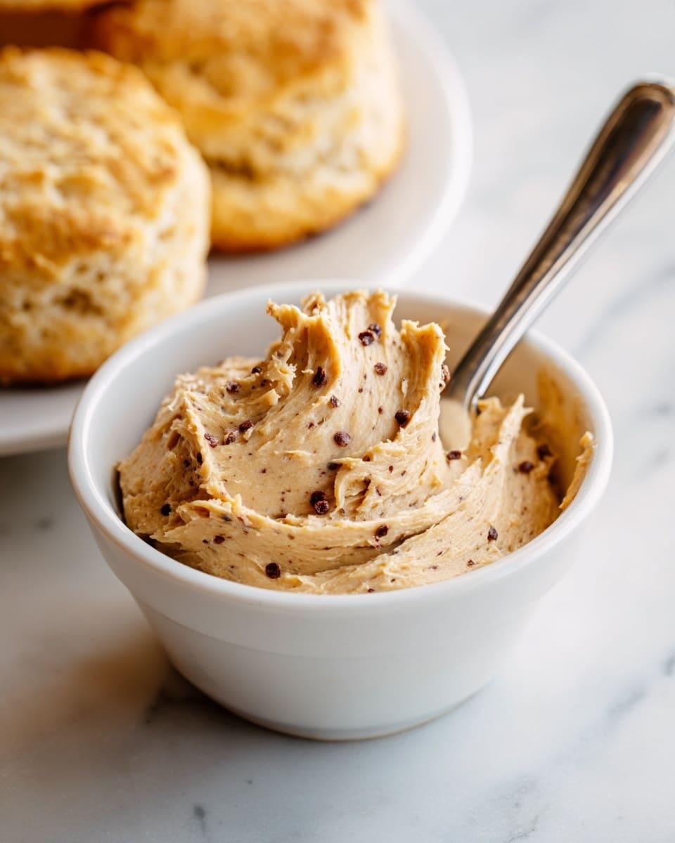 A small white bowl filled with smooth, light brown butter mixed with tiny dark red and black specks, creating a textured surface. A silver butter knife rests inside the bowl, coated with a thick spread of the butter, showing visible swirls and ridges. Behind the bowl, there are soft, golden biscuit tops slightly out of focus, placed on a white marbled surface. The lighting highlights the creamy texture and the bits within the butter, making it look rich and flavorful photo taken with an iphone --ar 4:5 --v 7