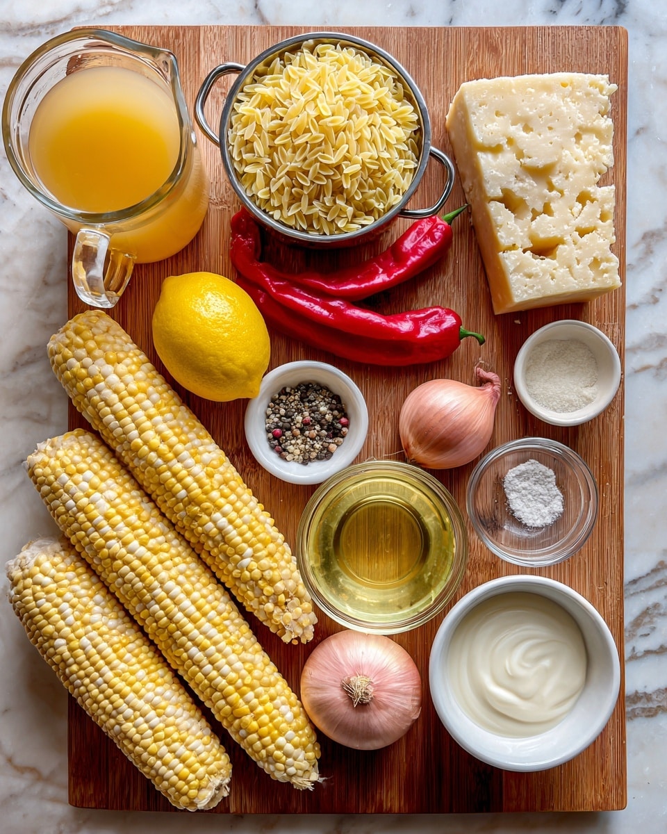 The image shows a wooden cutting board with various ingredients neatly arranged in groups. At the top left, there is a clear glass measuring cup filled with golden chicken stock. Next to it on the right is a metal measuring cup filled with dry orzo pasta, which is small and yellow. To the right, a chunk of pale yellow Parmigiano cheese lies close to a small piece of butter. Below, two bright red Fresno peppers sit beside a bright yellow lemon, and next to them are two shallots with a pale pink-purple skin. Moving right, there is a small clear glass bowl with white wine and next to it a clear bowl of light yellow olive oil. At the bottom left, three corn cobs show white and yellow kernels. Beside the corn is a white bowl filled with heavy cream, and near it is a small bowl holding salt and black pepper. The whole setup is on a wooden counter with a white marbled surface around it photo taken with an iphone --ar 4:5 --v 7