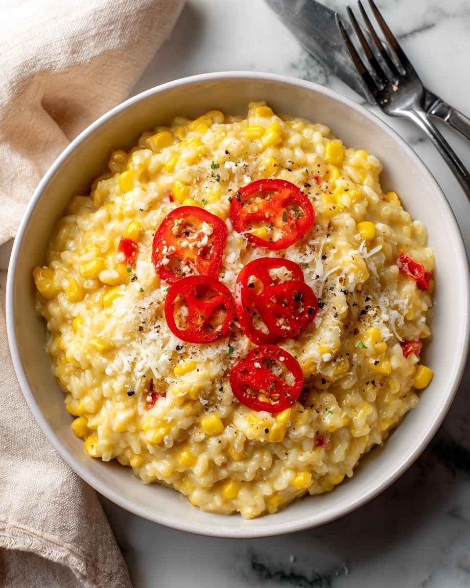 A large round white bowl filled with creamy yellow risotto that has small bits of corn mixed in, creating a soft texture. On top, there are five thin slices of bright red chili peppers arranged evenly, adding a pop of color. The risotto is sprinkled lightly with grated white cheese, giving a slightly textured and shiny look. The bowl is placed on a white marbled surface with a blurred pale cloth and a fork in the background. Photo taken with an iphone --ar 4:5 --v 7