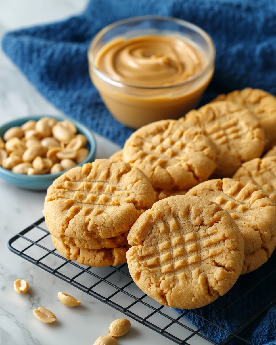 A close-up view of several golden peanut butter cookies with a criss-cross fork pattern on top, arranged in a single layer on a black wire cooling rack. The cookies have a slightly rough texture with some edges browner than the rest. Scattered peanuts are placed around and under the cookies. In the background, there is a clear glass bowl filled with creamy peanut butter, all set on a white marbled surface covered partially with a blue cloth. Photo taken with an iphone --ar 4:5 --v 7