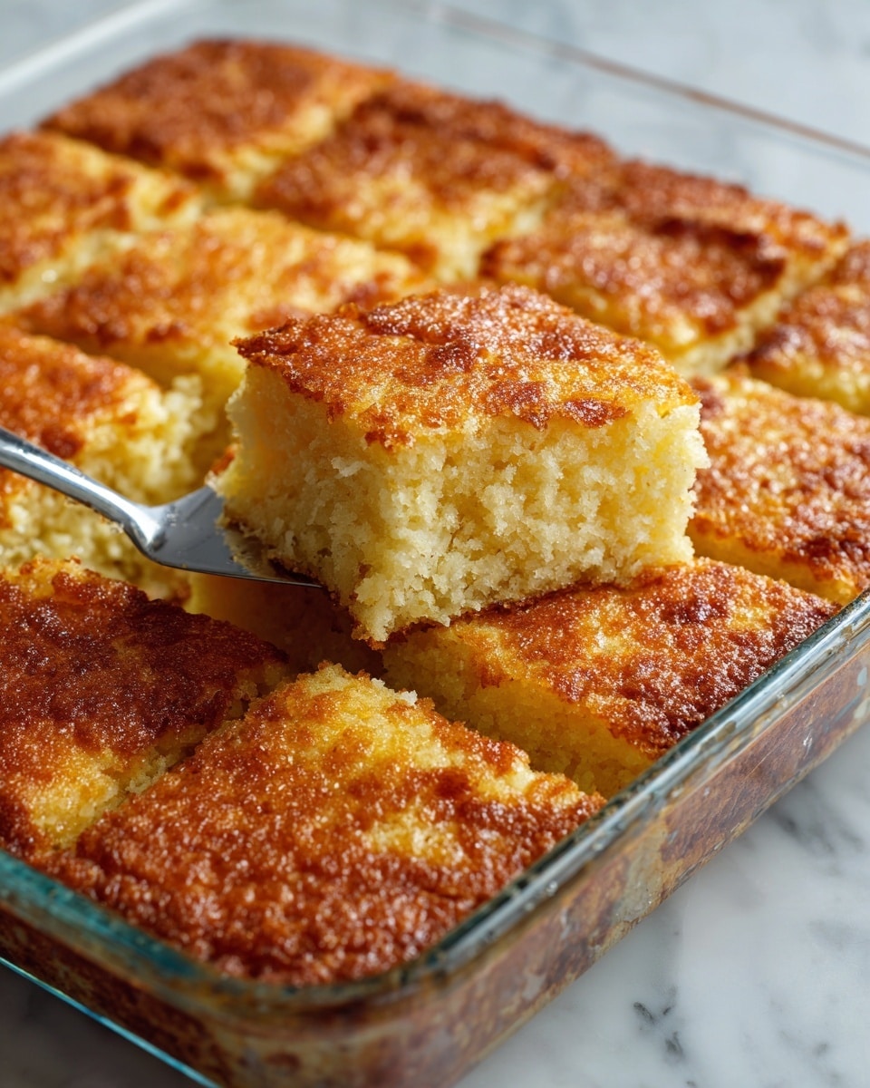 A close-up of a glass baking tray filled with a golden brown dessert cut into square pieces, with one square being lifted on a silver spatula. The dessert has a slightly cracked, crispy top layer with an uneven, textured surface showing shades of light and darker brown. The inside appears soft and moist. The tray is placed on a white marbled texture. Photo taken with an iphone --ar 4:5 --v 7