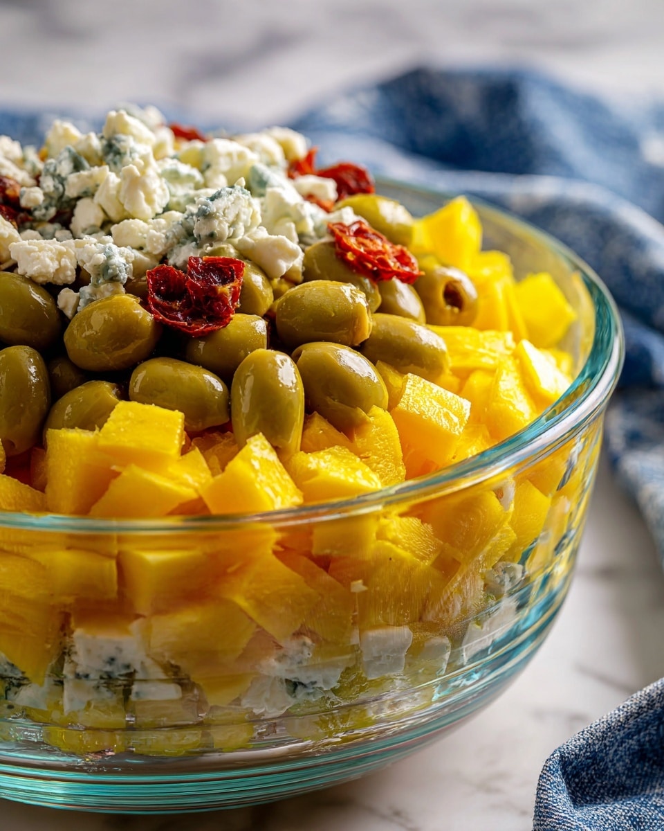 A clear glass bowl holds three main layers of ingredients: the bottom layer is made up of bright yellow cubed pieces, the middle layer has green olives with a red center, and the top layer is spread with small chunks of white and blue cheese. The bowl sits on a white marbled surface with a blurred blue and white cloth in the background. photo taken with an iphone --ar 4:5 --v 7