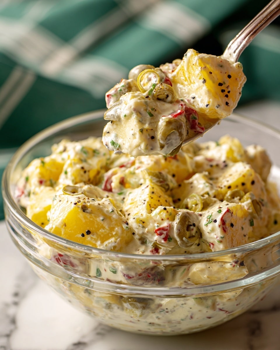 A close-up view of a creamy salad in a clear glass bowl with a white marbled surface underneath and a green and white striped cloth in the background. The salad has yellow potato chunks mixed evenly with green olives sliced with red pimento centers, all coated in a thick white dressing that has small green herb bits and black pepper specks. A spoon lifts a portion of the salad, showing the creamy texture and chunky pieces. photo taken with an iphone --ar 4:5 --v 7