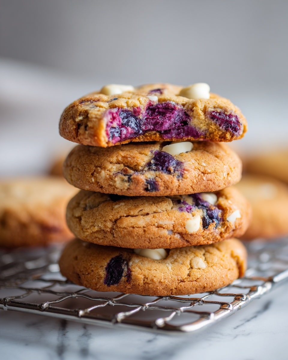 A close-up view of a stack of four golden brown cookies with visible blueberries and white chocolate chips embedded inside. The top cookie has a bite taken out of it, showing a soft purple-blue inside texture from the blueberries. The cookies sit on a silver wire rack placed over a white marbled surface. The background is softly blurred, focusing attention on the stack of cookies in the front. Photo taken with an iphone --ar 4:5 --v 7