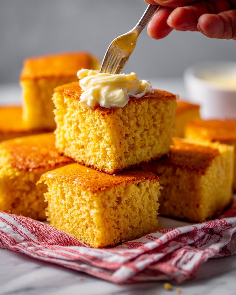 The image shows a close-up of a square piece of light golden yellow cornbread with a slightly crumbly texture. On top of the cornbread, there is a thick, creamy pale butter spread being applied with a silver fork held by a woman's hand from the top right. Around the main piece, there are many other similar-sized square cornbread pieces placed closely together. The background has a soft, out-of-focus view of a striped cloth in red and white, resting on a white marbled surface. photo taken with an iphone --ar 4:5 --v 7