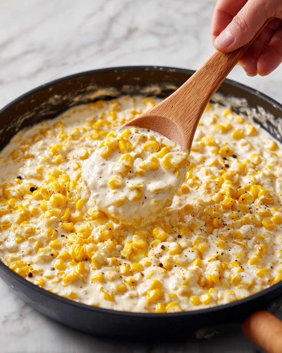The image shows a close-up view of a creamy corn dish in a black pan, with two layers visible: a bottom layer of smooth, creamy white sauce mixed with bright yellow and pale white corn kernels on top. The corn kernels are plump and shiny, scattered evenly and mixed with small black pepper flakes. A wooden spoon, held by a woman's hand, scoops up a portion, showing the creamy texture blending with the soft corn. The background has a white marbled texture. Photo taken with an iphone --ar 4:5 --v 7