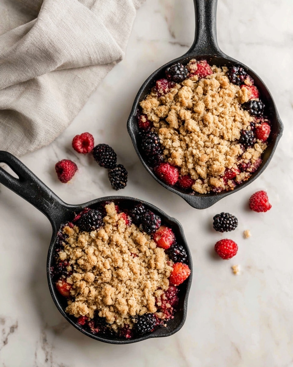 Two black cast iron skillets placed on a white marbled surface hold fruit crumble. Each skillet shows one layer of mixed berries including blackberries and raspberries, with a thick top layer of light brown crumbly oat topping that looks crunchy and uneven. There are some loose berries scattered around the skillets on the marbled surface. A light gray cloth is visible in the upper left corner near one skillet. photo taken with an iphone --ar 4:5 --v 7