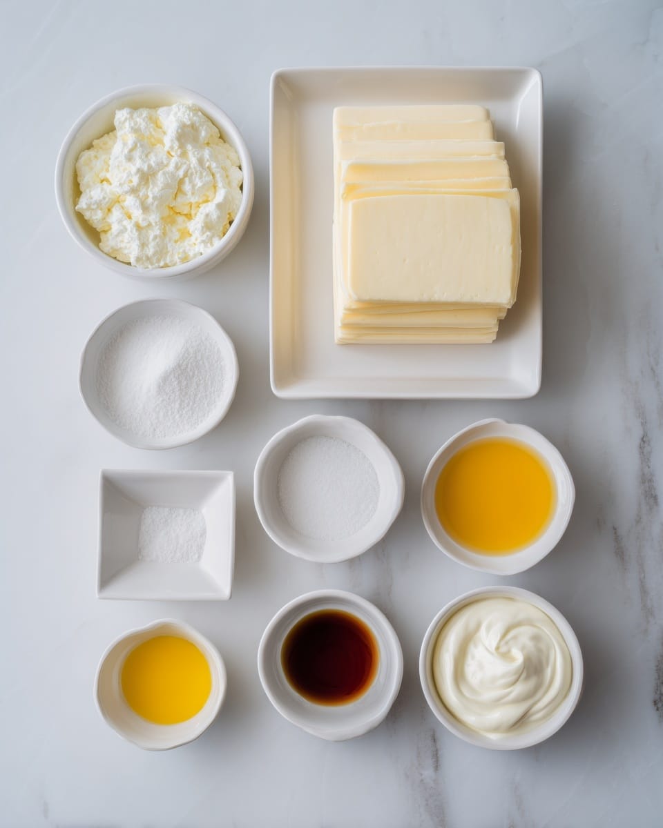 The image shows several small white bowls and a white rectangular dish arranged neatly on a white marbled surface. The rectangular dish holds three pale yellow puff pastry sheets stacked evenly. Around the dish, there are six small white bowls containing different ingredients: white cream cheese with a soft texture, granulated white sugar, clear light brown vanilla extract, bright yellow lemon curd, white powdered sugar with a fine texture, and thick heavy cream. Each ingredient is clearly visible and separated, creating a clean and organized layout. Photo taken with an iphone --ar 4:5 --v 7