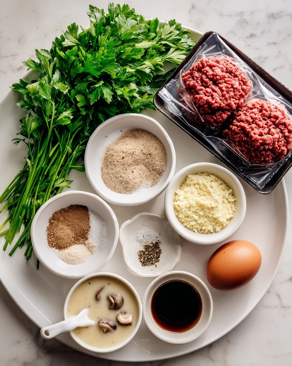 A white plate on a white marbled surface holds a black tray of red ground beef wrapped in plastic on the right side. To the left, a bunch of fresh green parsley fills the top left corner. Several small white bowls are spread across the front and center: one with a light brown powder labeled gravy mix, one with a dry mix of flakes labeled onion soup mix, another with fine golden bread crumbs, one with creamy beige mushroom soup showing chunks of mushrooms, and a small white spoon with a coarse mix of black, red, and yellow labeled Montreal steak seasoning. A whole brown egg and a small white bowl with dark Worcestershire sauce are at the bottom. Each ingredient is clearly labeled with bold black letters on a white background. Photo taken with an iphone --ar 4:5 --v 7