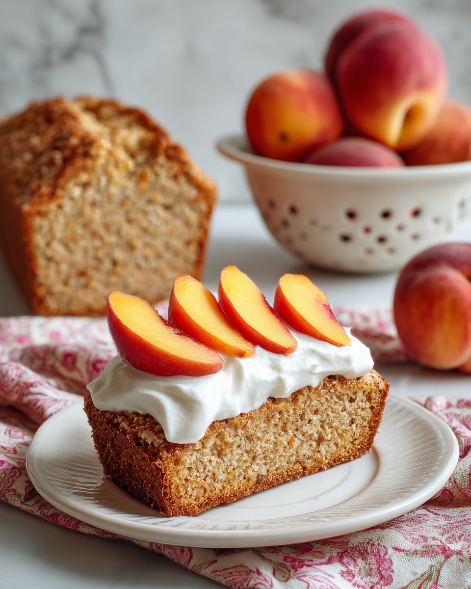 A white plate holds a thick slice of golden-brown bread with a coarse, crumbly texture speckled with small bits of yellow. On top of the bread is a layer of smooth white cream, topped with three curved, thin slices of fresh peach that have a gradient of orange-yellow to reddish skin along the edges. In the background, a large piece of the same bread rests upright on a white marbled surface, showing a rough crust and dense interior. Next to it, a white colander filled with whole peaches displays their reddish-orange skin, all set against a white marbled texture and a patterned cloth with red and pink hues. Photo taken with an iphone --ar 4:5 --v 7