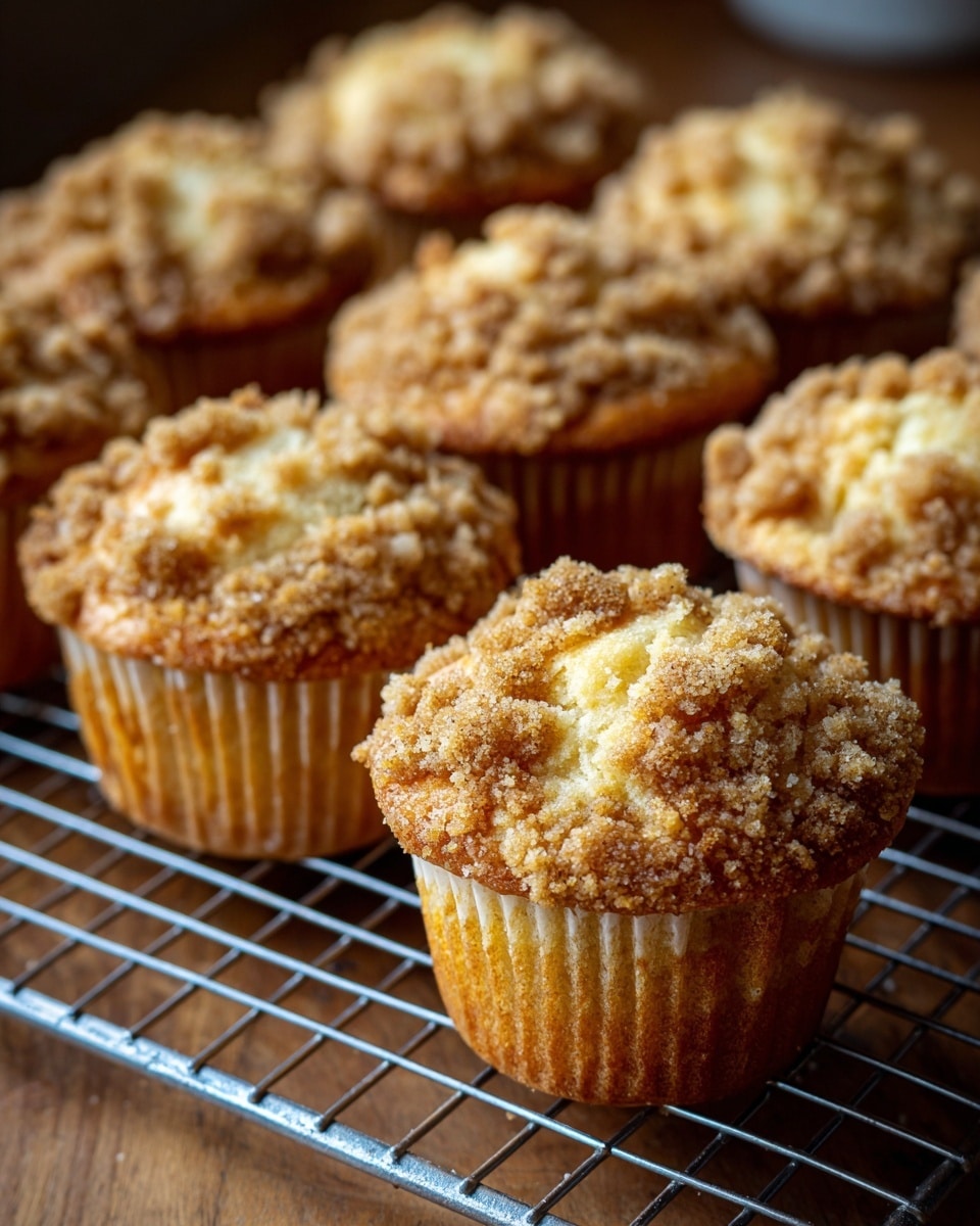 The image shows a close-up of nine muffins placed on a metal cooling rack over a wooden table. Each muffin has two visible layers: a light brown base with a soft texture inside paper liners, and a crumbly, golden-brown streusel topping with small chunks scattered unevenly on top. The muffins are gently rounded on top and the crumb layer creates a rough, grainy surface. The soft warm colors and crumbly texture of the muffins contrast with the metal rack's smooth lines and the wooden table's grain. photo taken with an iphone --ar 4:5 --v 7