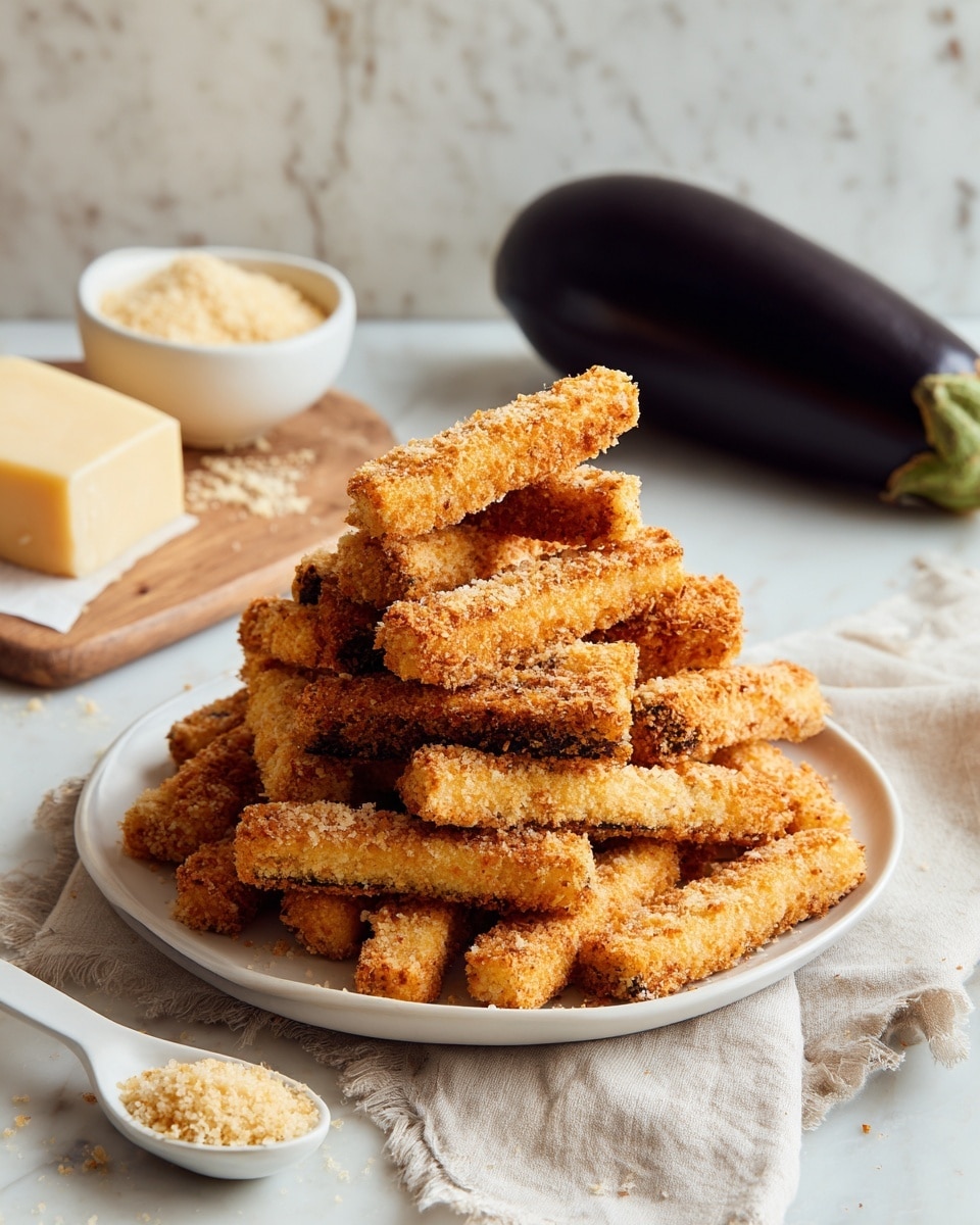 A white plate filled with many crispy golden-brown sticks stacked in a pyramid shape, each stick having a rough, crunchy texture with darker edges showing the fried coating. The plate sits on a light wood board with a short handle and a pale beige cloth underneath, all placed on a white marbled surface. To the left of the plate, there is a small white bowl full of light tan breadcrumbs with a white spoon holding some breadcrumbs resting nearby, and a small block of light yellow cheese behind it. On the right side, a whole dark purple eggplant with a green cap leans on the white marbled surface. The photo taken with an iphone --ar 4:5 --v 7