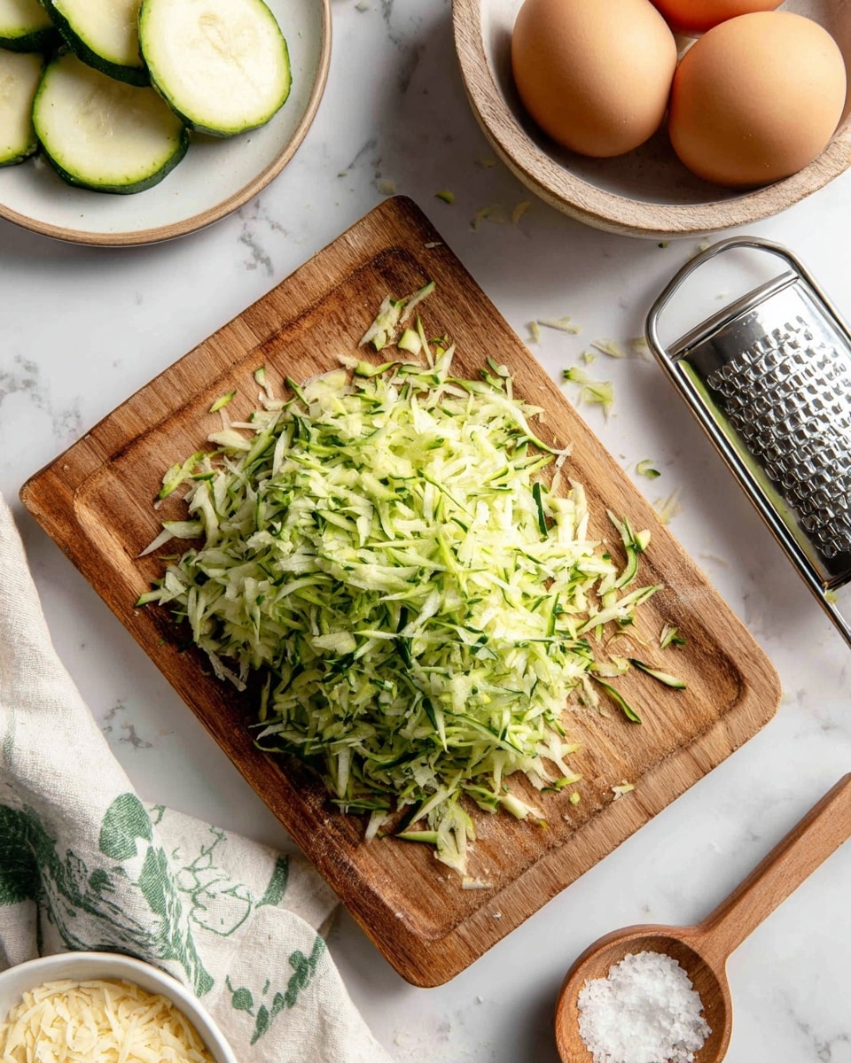 The image shows a wooden board in the center with shredded green zucchini piled up, some pieces falling off the board slightly, and a metal box grater standing upright on the right side of the zucchini. Behind the board, to the left, there is a white plate with two brown eggs and a few slices of zucchini on the plate, all resting on a folded light-colored cloth with a green pattern. To the right of the board, there is a small white bowl with some grated cheese and a small wooden spoon with a pinch of salt on the white marbled surface background. Photo taken with an iphone --ar 4:5 --v 7