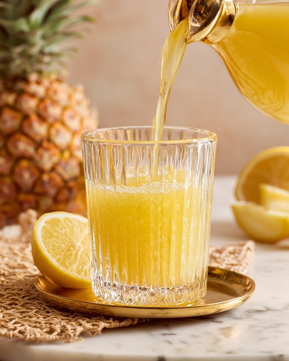 A clear glass with vertical ridges is placed on a golden tray, sitting on a white marbled surface with a woven placemat underneath. The glass is being filled with a bright yellow liquid, flowing from a shiny gold spout attached to a yellow dispenser above. To the left side of the image, a cut lemon wedge with a textured yellow peel and juicy interior is partially visible. The background is softly blurred, featuring a pineapple with a rough orange and brown skin. photo taken with an iphone --ar 4:5 --v 7