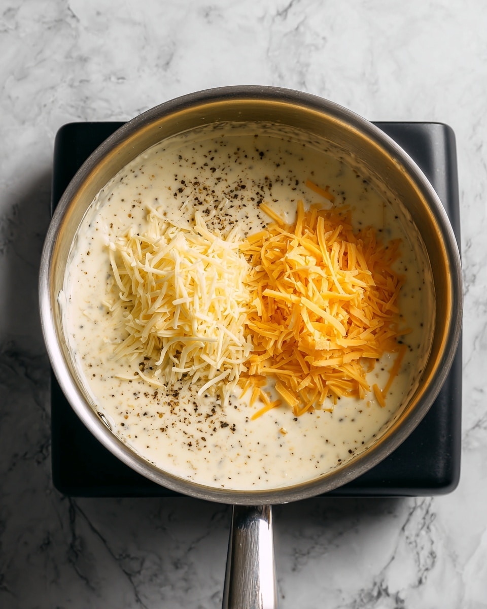 A close-up view of a stainless steel pot filled with a creamy white sauce that has small black specks throughout, likely pepper. On top of the sauce, there are two piles of shredded cheese: one pale yellow and finely shredded on the left side, and the other bright orange with thicker shreds on the right side. The cheese piles are sitting on the creamy base, about to melt together. The pot is positioned on a black stovetop with a white marbled texture in the background. photo taken with an iphone --ar 4:5 --v 7