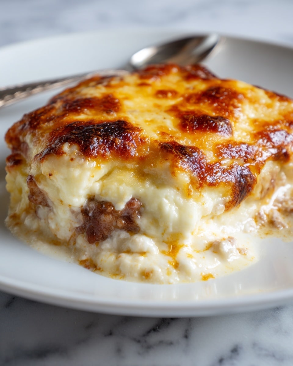 A close-up view of a baked dish consisting of one main thick layer of golden-browned melted cheese on top with creamy white melted cheese underneath, covering a piece of cooked meat at the bottom layer that is barely visible. The dish is shown on a white plate with some parts of the melted, bubbly cheese spilling over the edges. The white marbled surface is partly visible beneath the plate, and a silver utensil is placed near the top left corner. Photo taken with an iphone --ar 4:5 --v 7