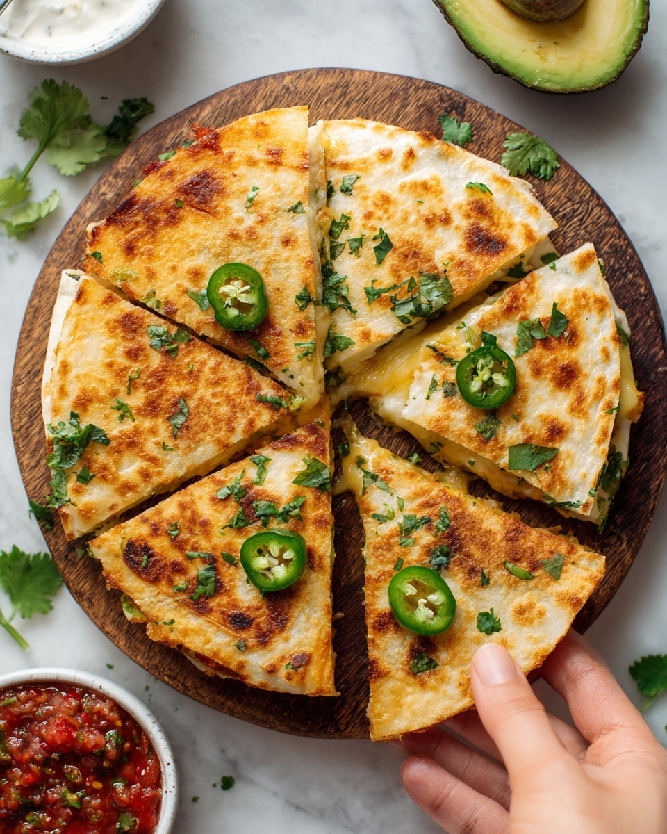A white tortilla quesadilla sliced into six triangular pieces is placed on a wooden board with a white marbled background. The quesadilla's golden-brown, slightly crisp outer layer is dotted with fresh green cilantro leaves and some slices topped with bright green jalapeño rings. One slice is held by a woman's hand near the bottom right corner. In the background, an avocado half and a small white bowl with chunky red salsa sit near the quesadilla. Photo taken with an iphone --ar 4:5 --v 7
