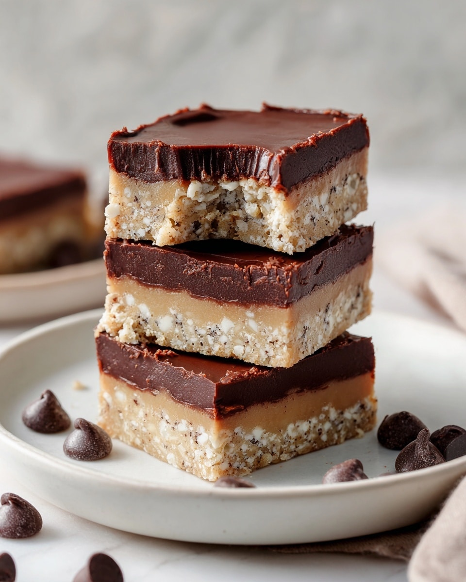 A stack of three square dessert bars sits on a white plate with a white marbled background. Each bar has two layers: a thick, dense, light brown base with small white bits inside, and a smooth, thick, dark chocolate layer on top. The top bar has a bite taken out, showing the creamy chocolate texture above the firm base. A few chocolate chips are scattered around the plate. photo taken with an iphone --ar 4:5 --v 7