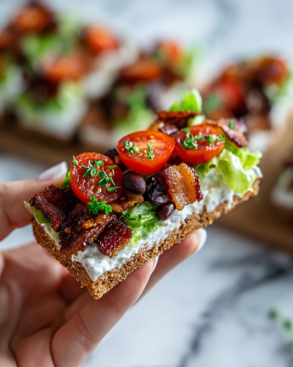 A close-up of a woman's hand holding a rectangular cracker topped with four visible layers: at the bottom, small dark brown beans, followed by crispy bacon bits, a thick layer of green lettuce with creamy white dressing mixed in, and a bright red tomato piece with green herbs on top. The background shows a blurred view of more similar food on a white marbled surface. photo taken with an iphone --ar 4:5 --v 7
