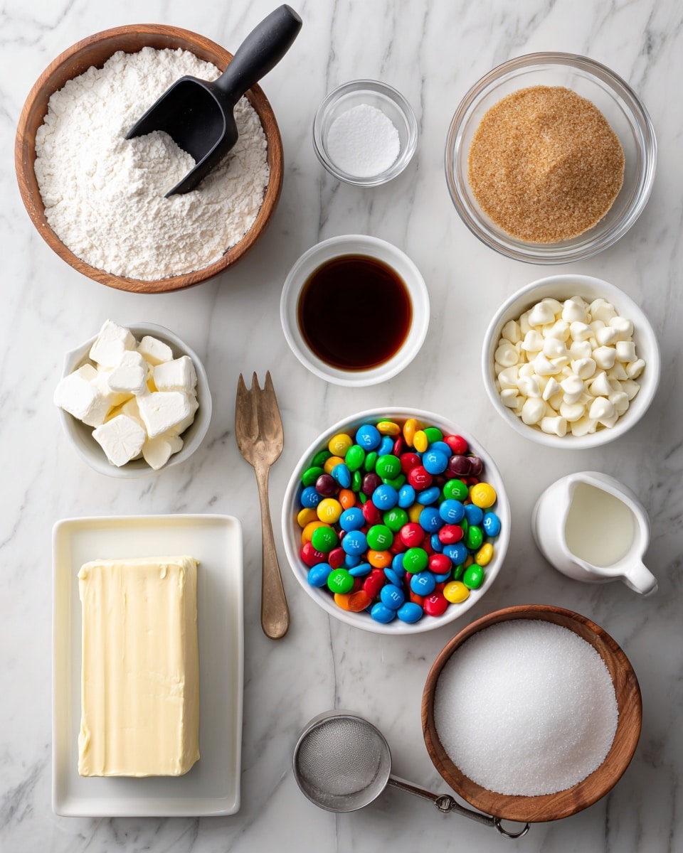 The image shows ingredients neatly arranged on a white marbled surface. There are nine containers: a wooden bowl with white all-purpose flour and a black scoop inside on the top left, a glass bowl with light brown sugar on the top right, and a small white bowl with dark vanilla extract in the center. Below them are two white bowls filled with colorful M&M’s, one slightly bigger and partly overlapping the other. A small white bowl of salt with a small wooden fork is placed on the left side. A glass holds smooth white baking chips below the M&Ms, and next to it is a white ceramic pitcher of half and half. At the bottom left, a square white dish holds a block of salted sweet cream butter. Lastly, a wooden bowl filled with white granulated sugar and a metal measuring scoop is at the bottom right. Each ingredient is clearly shown with neat labels above or near the containers. Photo taken with an iphone --ar 4:5 --v 7