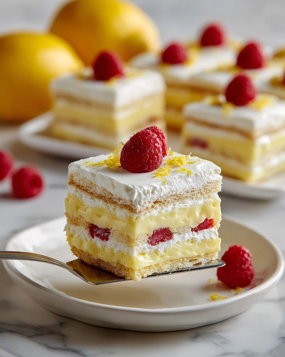 A square slice of layered dessert is lifted by a metal server, showing three main layers: two thick creamy yellow layers separated by thin light brown cake layers, topped with a smooth white cream layer. Two bright red raspberries and small bits of lemon zest decorate the top. The dessert sits on a white dish with several similar square pieces also topped with raspberries and lemon zest. In the background, bright yellow lemons add a pop of color against a white marbled surface. photo taken with an iphone --ar 4:5 --v 7