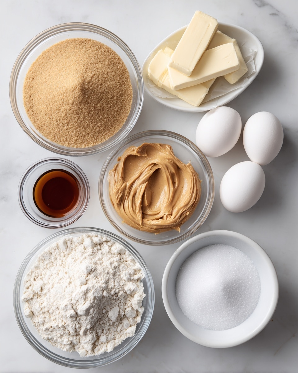 The image shows a flat lay of several clear and white bowls arranged on a white marbled surface. There is one large clear bowl on the left filled with light brown sugar, a medium clear bowl at the bottom with all-purpose flour, and another medium clear bowl in the center holding creamy peanut butter with a smooth, thick texture. Two white eggs rest close together near the center top. Two sticks of salted butter in paper wrappers lie above the eggs. To the right of the eggs is a small white bowl with vanilla extract, which has a dark amber liquid inside, and a small white bowl with baking soda, showing a fine white powder. At the bottom right, a white bowl contains granulated sugar, appearing fine and white. Each ingredient is labeled with black text on white background. Photo taken with an iphone --ar 4:5 --v 7