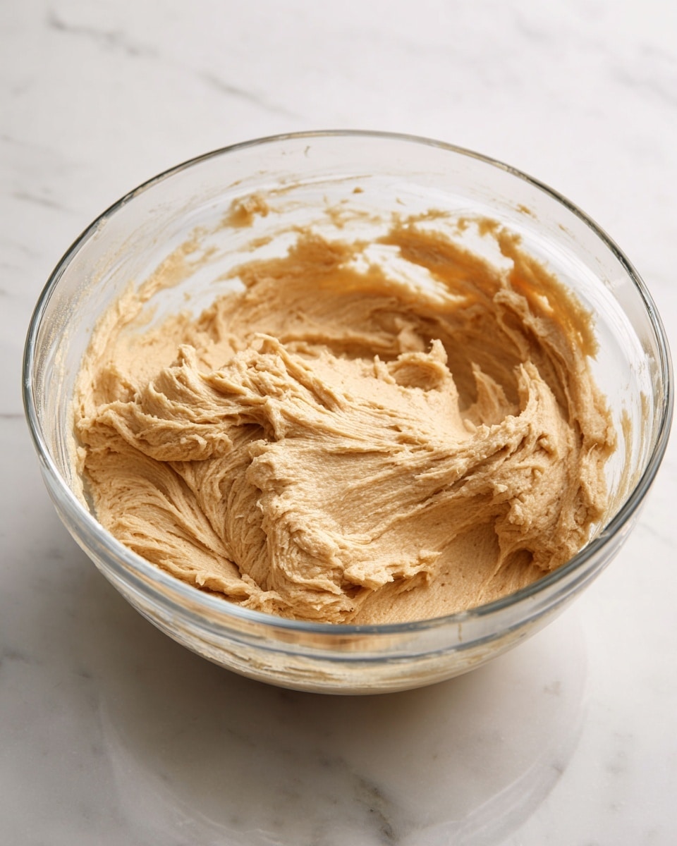 A clear glass bowl sits on a white marbled surface, filled with thick, light brown dough. The dough has a slightly rough texture with visible soft peaks and smoothed areas where it was mixed. The bowl’s sides show some residue of the dough, and the color is consistent throughout without any layers, giving a dense, uniform look. The background is plain and bright, highlighting the bowl and dough clearly photo taken with an iphone --ar 4:5 --v 7