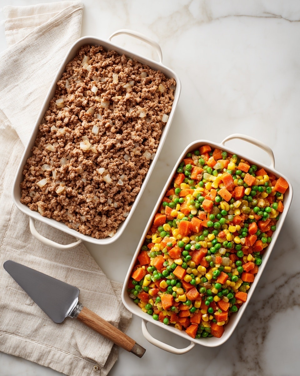 The image shows two white pans with food on a white marbled surface. The left pan contains one layer of cooked ground meat mixed with small pieces of soft, translucent cooked onion, all in a brown color with a slightly crumbly texture. The right pan features one layer of the same cooked ground meat mixed evenly with colorful vegetables on top, including bright orange carrot cubes, green peas and beans, and yellow corn kernels, creating a vibrant, mixed texture. The pans have light-colored handles wrapped with a cream cloth, and a metal spatula with a wooden handle is placed nearby. Photo taken with an iphone --ar 4:5 --v 7