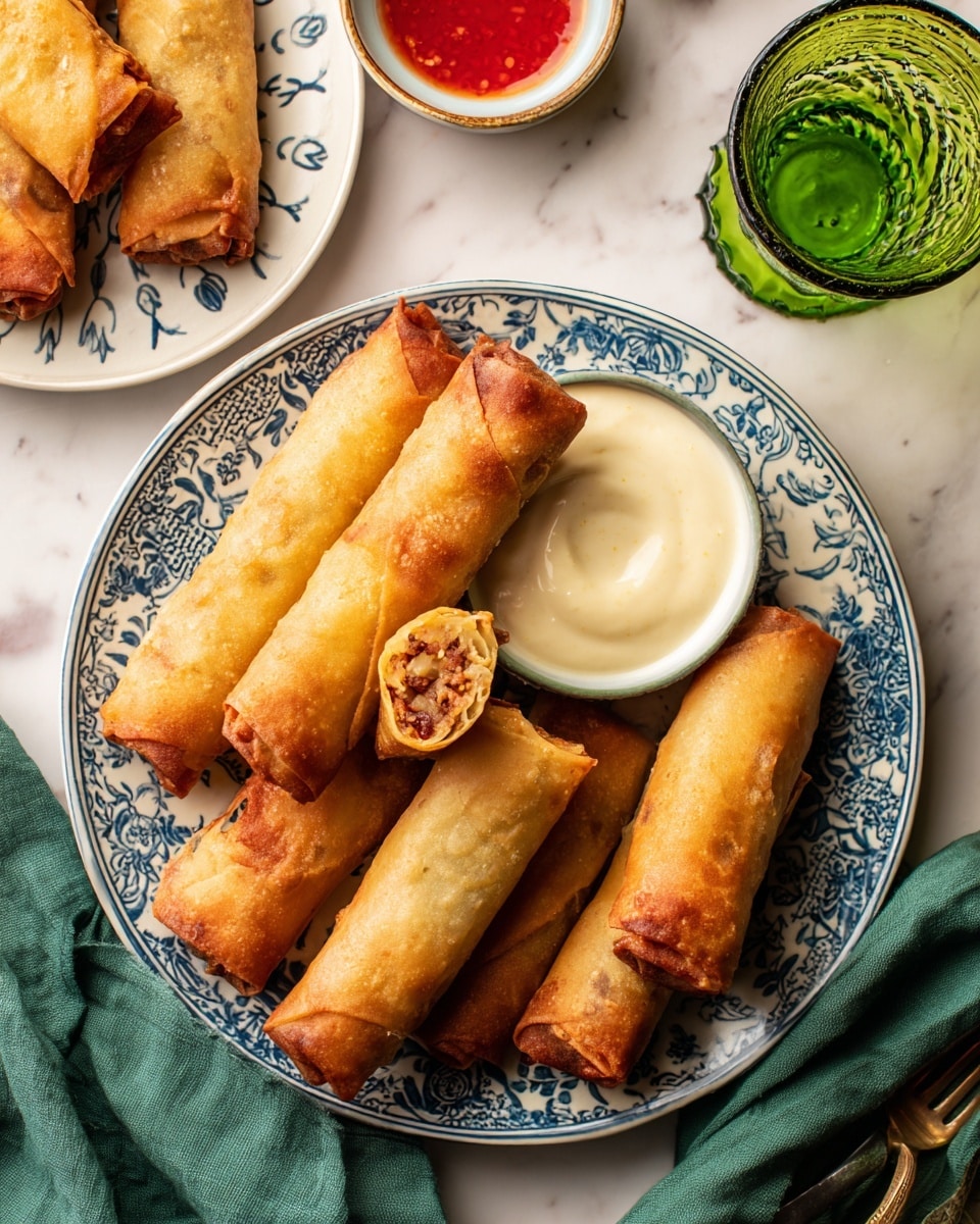 There is a white plate with a blue pattern holding seven golden brown spring rolls. One spring roll is dipped halfway into a small white bowl of creamy white sauce placed on the plate. Two spring rolls are stacked, with one cut open showing a brown filling inside. The plate sits on a white marbled surface with a green cloth underneath. To the left, a white plate with a blue rim holds one spring roll next to a small clear bowl of red sauce. A woman's hand is reaching from the top left corner. On the right side, a green glass cup sits on a folded green napkin. photo taken with an iphone --ar 4:5 --v 7