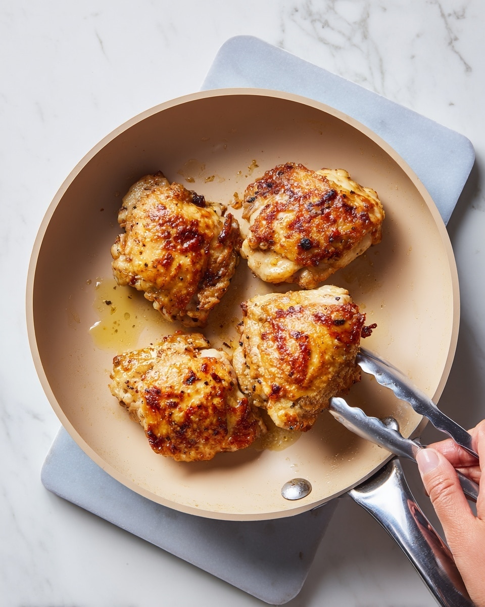 The image shows a beige frying pan with three cooked chicken pieces inside, each with a golden-brown color and a slightly crispy texture on the edges. To the right, a white marbled surface holds a light blue cutting board, on which a woman's hand with metal tongs is holding a golden-brown chicken piece, showing the crispy and cooked side. The chicken pieces have a cooked, caramelized look with some darker spots, and a few oil drops are visible inside the pan and on the cutting board. The overall scene is clean with the frying pan placed on the white marbled background. photo taken with an iphone --ar 4:5 --v 7