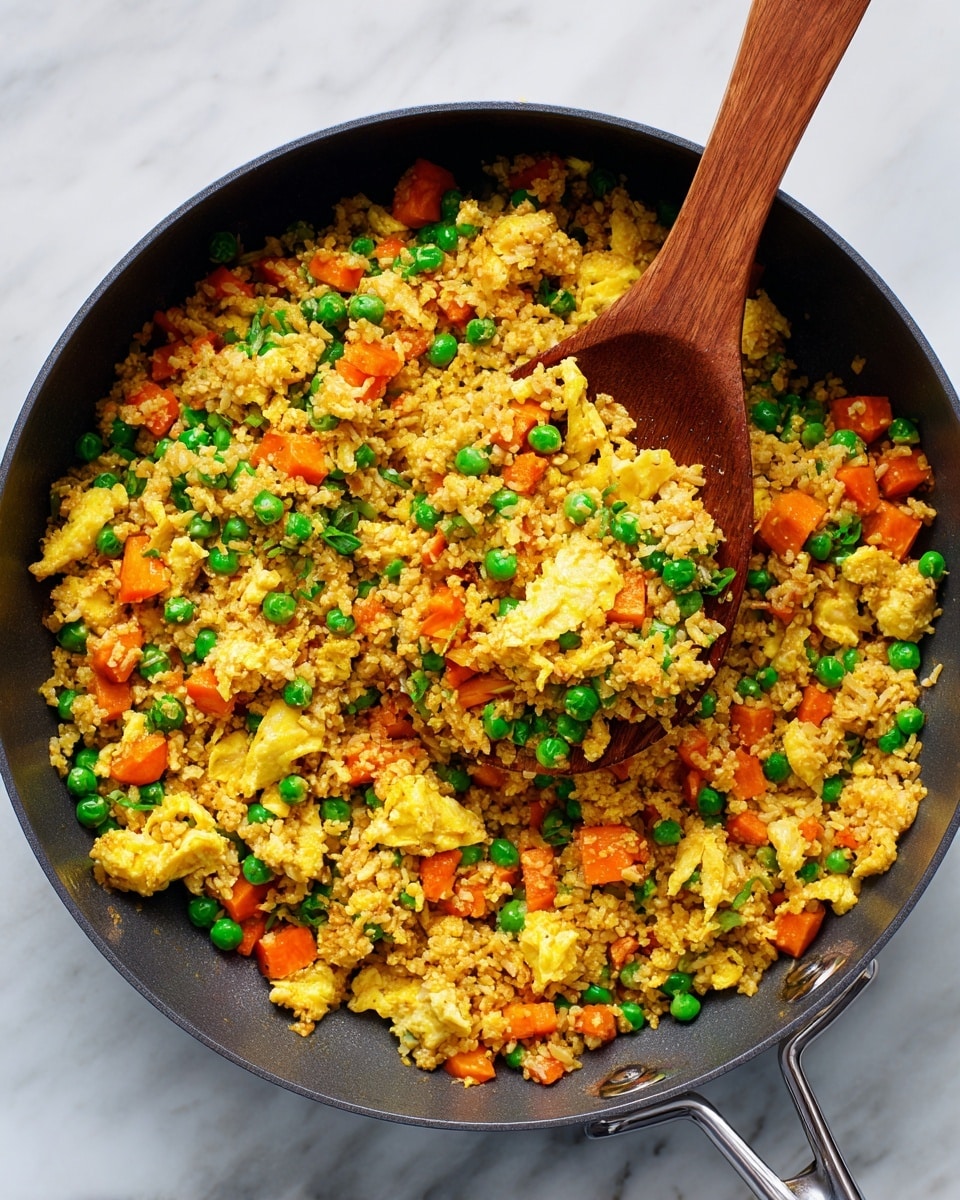 The image shows a close-up of a large pan filled with fried rice. The rice is mixed with small green peas, orange carrot cubes, and scrambled yellow egg pieces, all evenly scattered. A wooden spoon is lifting a portion from the pan, showing the mixed ingredients clearly. The pan rests on a white marbled surface. Photo taken with an iphone --ar 4:5 --v 7