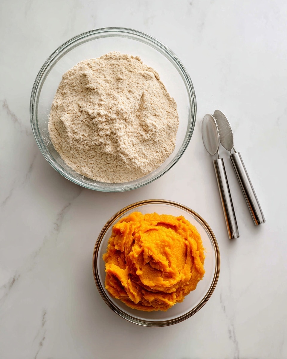 The image shows two clear glass bowls on a white marbled surface. The larger bowl at the bottom contains a light beige dry flour mixture with a fluffy texture. The smaller bowl at the top holds smooth, bright orange mashed pumpkin. To the right of the bowls, there are two silver metal beaters resting on the white marbled surface. photo taken with an iphone --ar 4:5 --v 7