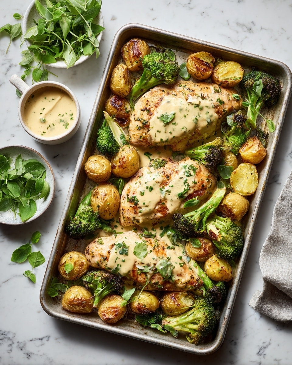 The image shows a metal baking tray filled with two large pieces of chicken covered with a creamy, light beige sauce speckled with herbs, placed near the center. Around the chicken are golden brown small potato halves with a crispy texture and bright green broccoli florets, some slightly charred at the edges. The potatoes and broccoli are scattered evenly across the tray, creating a rustic and hearty look. On the left side of the tray, two small white bowls hold a creamy sauce and fresh green herb leaves, sitting on a white marbled surface. The scene is bright and inviting, with a simple, fresh homemade meal vibe. photo taken with an iphone --ar 4:5 --v 7