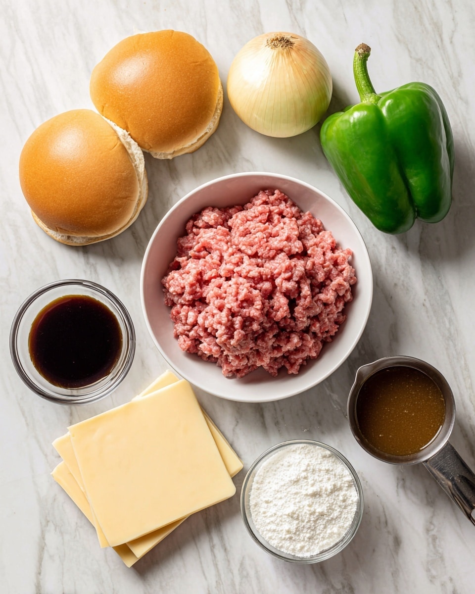 The image shows ingredients on a white marbled surface for making a beef burger. There are three soft golden brown buns placed at the top left. Near the center, a white bowl holds a large mound of pink ground beef. To the right is a fresh, shiny green bell pepper, and to the upper middle left, a whole yellow onion with a light brown skin. In front, a neat stack of pale yellow provolone cheese slices lies flat. Smaller containers hold various sauces: a transparent small bowl with dark Worcestershire sauce, a metal measuring cup with brown beef broth, and a small white bowl with white cornstarch powder. The setup is clean and organized, with all items arranged clearly, photo taken with an iphone --ar 4:5 --v 7