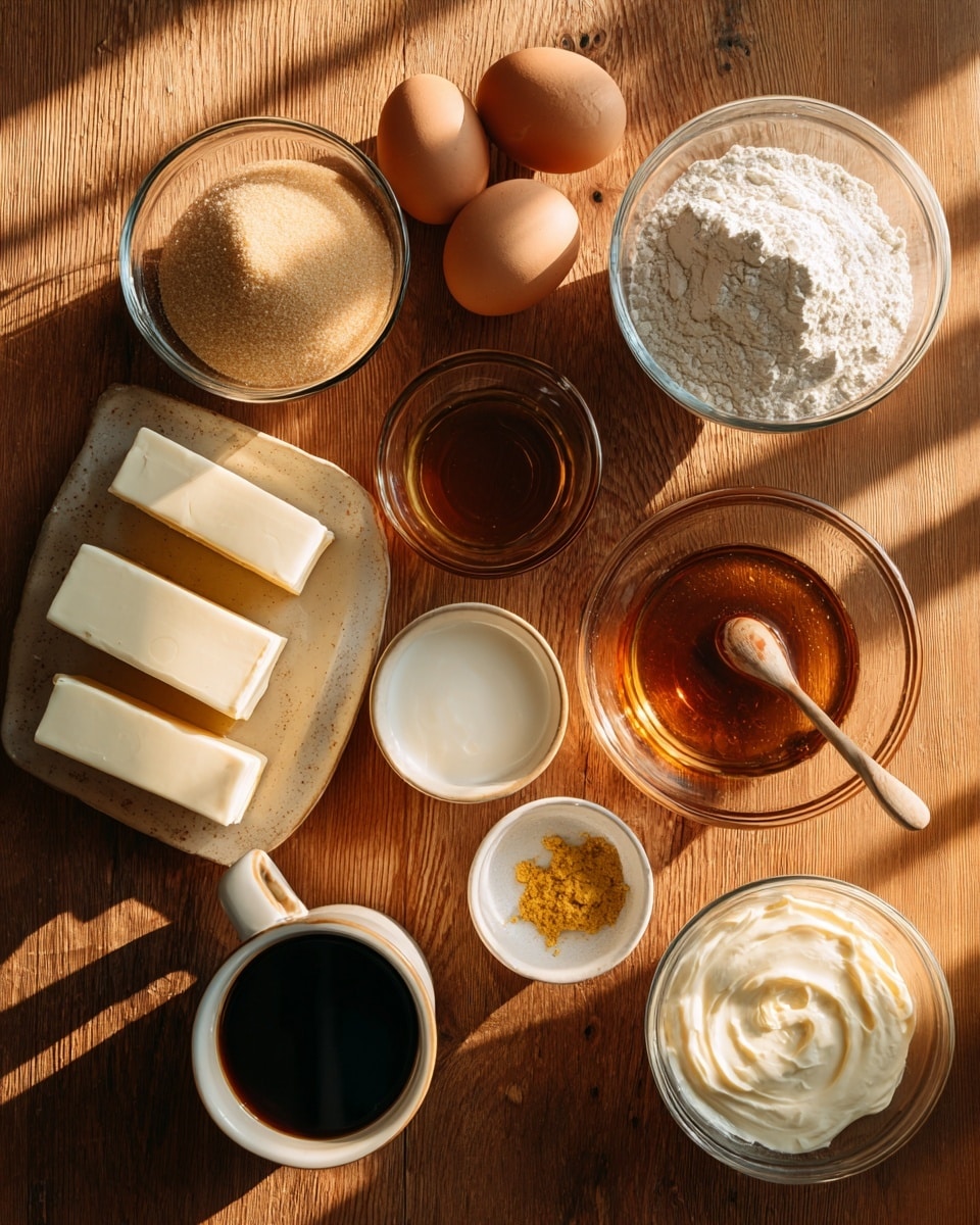The image shows several clear glass bowls and containers arranged neatly on a wooden surface with warm light casting soft shadows. From left to right, there is a bowl of light brown sugar, two whole brown eggs beside four thick white rectangular blocks of butter stacked closely. Next, there is a large bowl of amber liquid followed by a smaller bowl with honey and a spoon resting inside it. Above that, a bowl of white flour can be seen, next to a container with a dark brown liquid. Below the honey, there is a cup filled with dark coffee, a small bowl with white powder, a bowl of thick white cream, and a small glass container with a yellow spice. The whole setup is simple, organized, and rustic, perfect for showing baking ingredients photo taken with an iphone --ar 4:5 --v 7