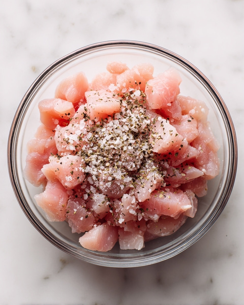 A clear glass bowl filled with small raw pink pieces of chicken mixed with white granulated salt and black pepper sprinkled evenly on top, sitting on a white marbled surface. photo taken with an iphone --ar 4:5 --v 7