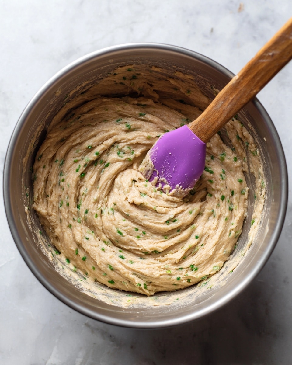 A close-up view of light brown dough with small green specks mixed throughout, showing a thick and smooth texture inside a large shiny silver metal bowl. The dough is being stirred with a purple spatula that has a wooden handle resting on the edge of the bowl. The surface beneath the bowl is a white marbled texture. photo taken with an iphone --ar 4:5 --v 7