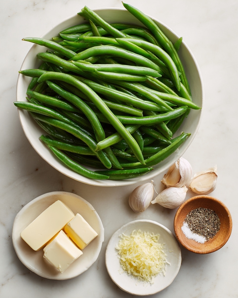 A close-up view shows fresh green beans in a white bowl on the left side, their smooth bright green texture filling the bowl. To the right, four small white dishes are arranged on a white marbled surface: the top dish contains two pale yellow butter blocks with slight texture, the next dish holds two garlic cloves with smooth, off-white skins, below that a small bowl of fine grated lemon zest in light yellow, and finally, a wooden bowl with coarse salt and crushed black pepper side by side. Each ingredient is clearly separated and well lit, showing natural colors and textures. photo taken with an iphone --ar 4:5 --v 7