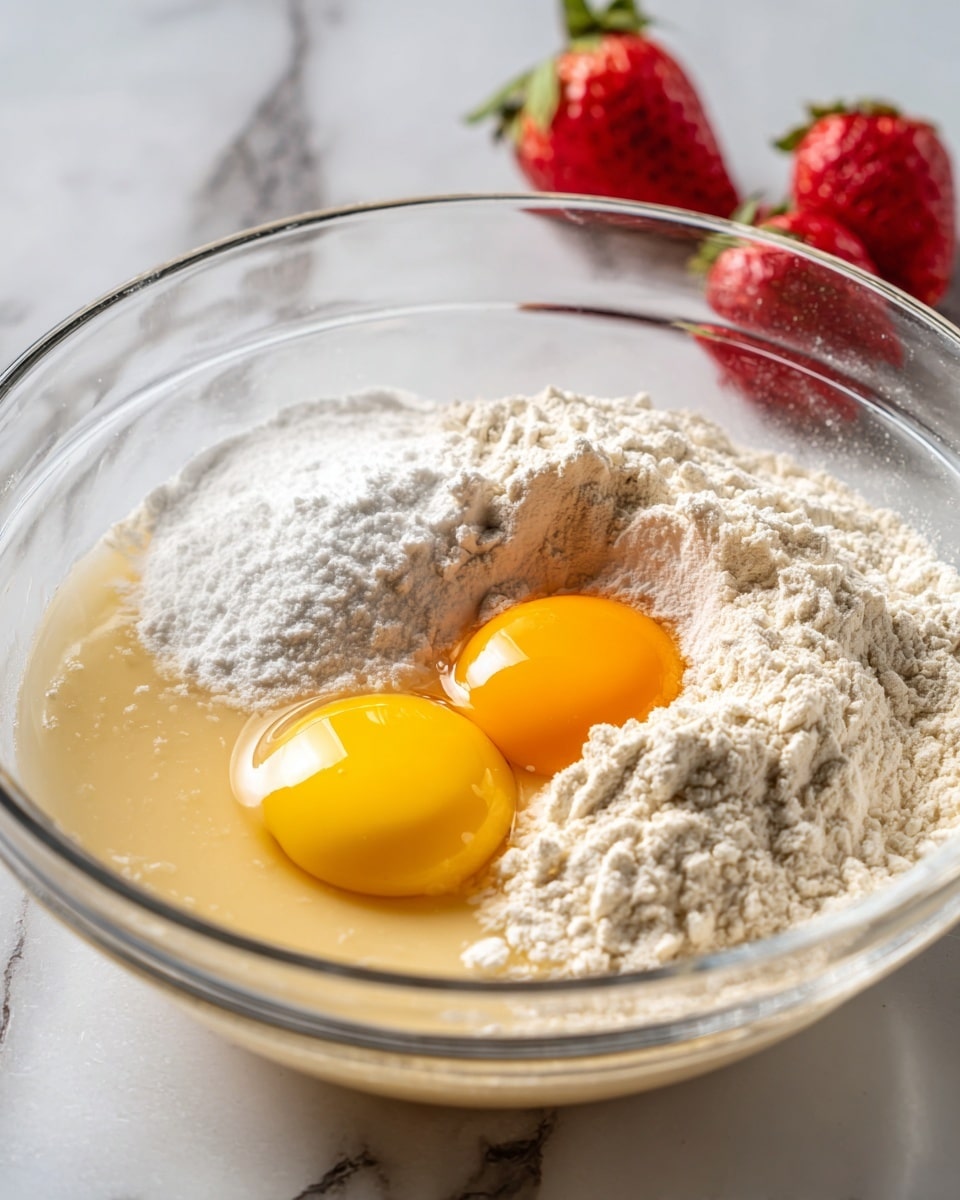 A clear glass bowl filled with a mixture of ingredients, showing one cracked egg with a bright yellow yolk on the right side, a second whole egg with a visible yolk near the center, a pile of white flour in the middle, and a light beige liquid or batter base beneath everything. The bowl is placed on a white marbled surface with a few blurred red strawberries in the background. photo taken with an iphone --ar 4:5 --v 7