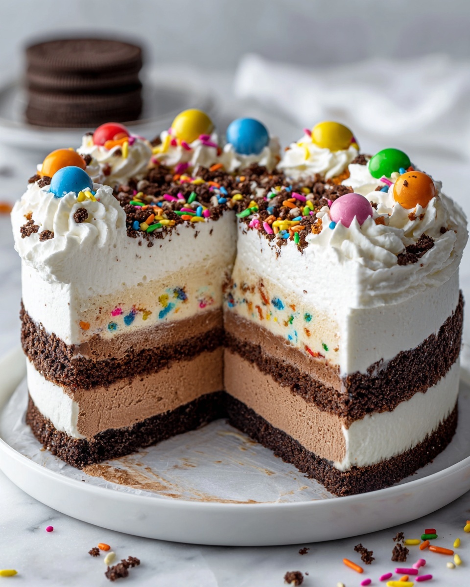 The image shows a multi-layered ice cream cake in a white dish on a white marbled surface. The cake has five visible layers: the bottom layer is a dark brown chocolate cookie crust, followed by a thick light brown chocolate ice cream layer with colorful sprinkles inside. Above that is a thin white cream layer, then another dark brown cookie layer. Next is a thick white ice cream layer topped with smooth white whipped cream. The top is decorated with colorful round candies and vibrant rainbow sprinkles scattered all over. A slice has been removed, revealing the layers clearly. Photo taken with an iphone --ar 4:5 --v 7